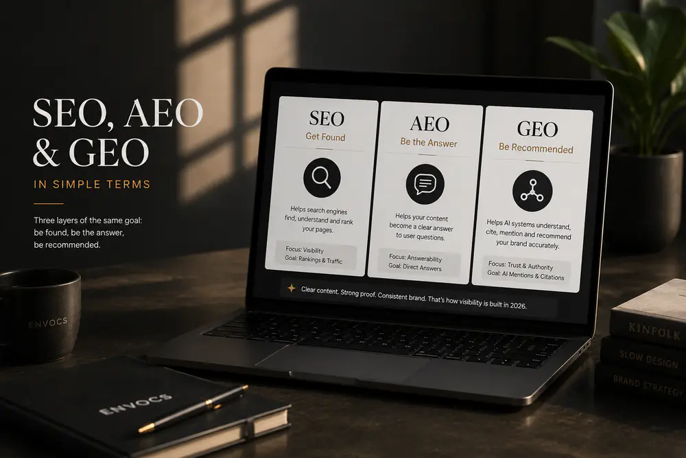 Cinematic minimalist visual explaining SEO, AEO and GEO as found, answer and recommended layers